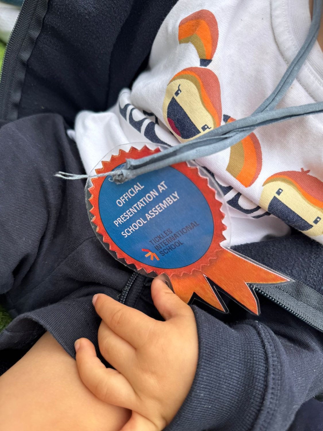 Medalha da School Assembly pendurada ao pescoço de uma criança, sobre a t-shirt da Tickles
